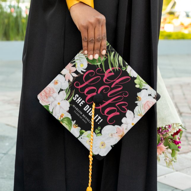 She Did It | Tropical White & Blush Floral Graduation Cap Topper (Creator Uploaded)