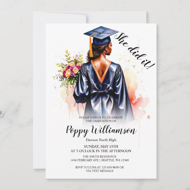 She Did It Watercolor Graduation  Invitation (Front)