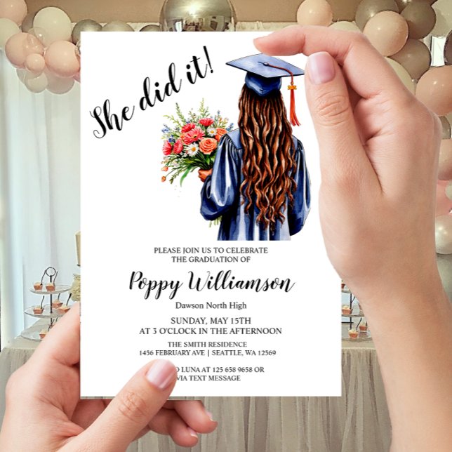 She Did It Watercolor Graduation  Invitation (Creator Uploaded)