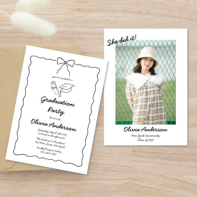 She did it | Wavy Hand Drawn Bow Photo Graduation Invitation (Creator Uploaded)