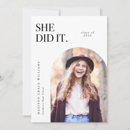 She Did It White Arch Graduation Announcement