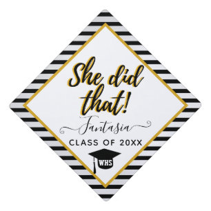 She Did That Urban Black & Gold Stripes Graduati Graduation Cap Topper