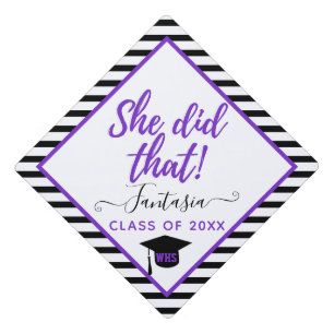 She Did That  Urban Purple Black & White Stripes Graduation Cap Topper
