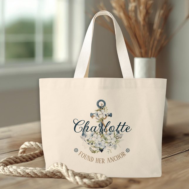 She Found Her Anchor Nautical Bridal  Large Tote Bag (Creator Uploaded)