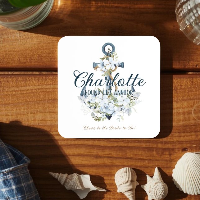 She Found Her Anchor Nautical Bridal Shower Beverage Coaster (Creator Uploaded)