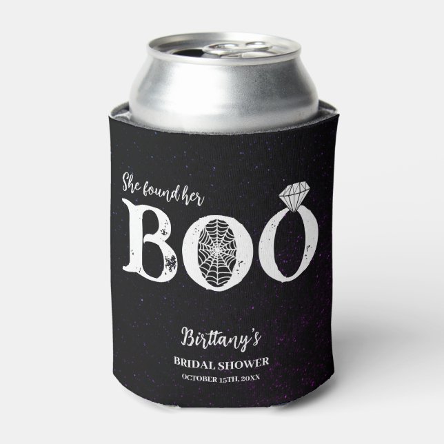 She Found Her Boo Black Halloween Bridal Shower Can Cooler (Can Front)