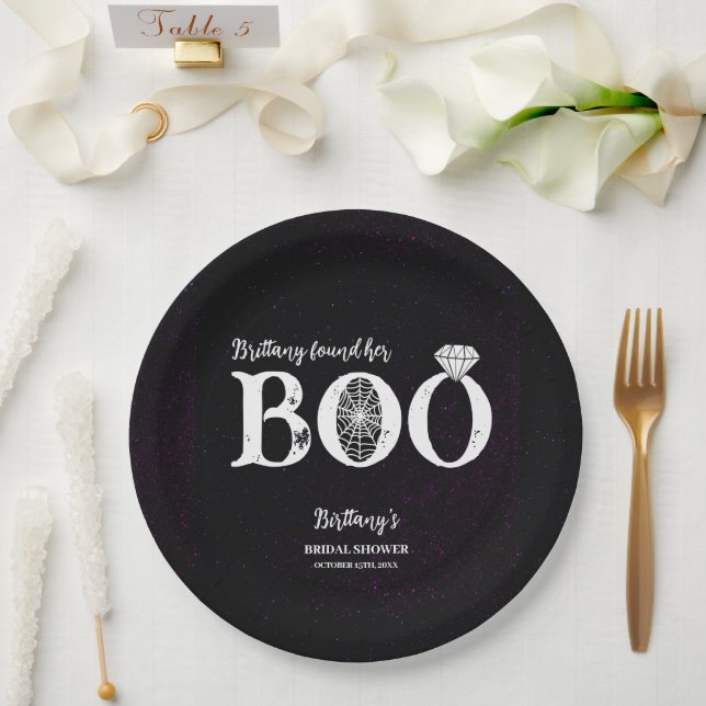 She Found Her Boo Black Halloween Bridal Shower Paper Plates (Wedding)