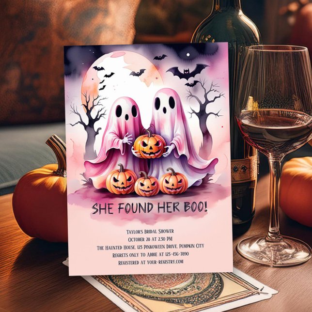 She Found Her Boo Pink Ghosts Bridal Shower Invitation (She Found Her Boo! Cute pink ghosts for Halloween or Pinkoween Bridal Shower themes by Darling & May)
