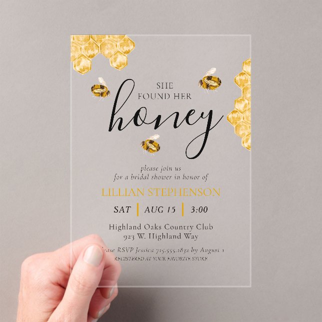 She Found Her Honey Bee Themed Bridal Shower Acrylic Invitations (Insitu (Handheld))