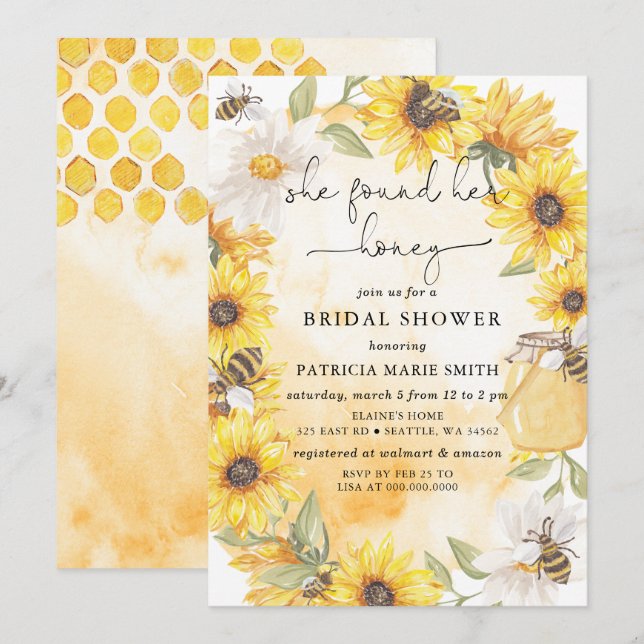 She Found Her Honey Floral Bee Bridal Shower Invitation (Front/Back)