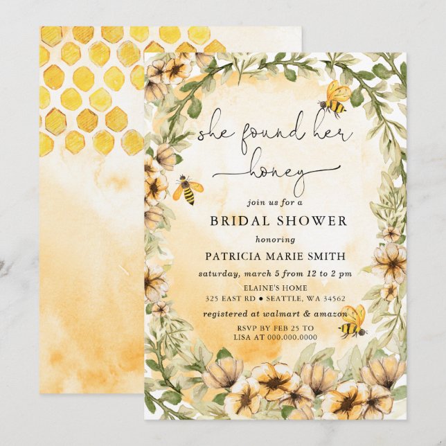 She Found Her Honey Floral Bee Bridal Shower Invitation (Front/Back)