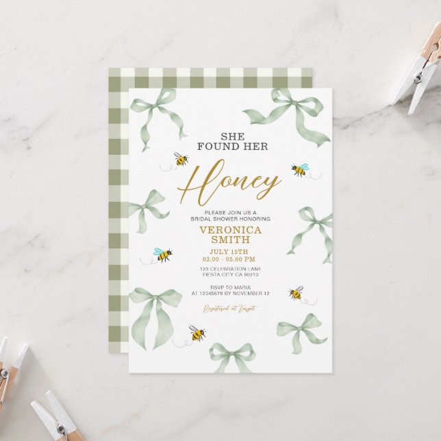 She Found Her Honey Gingham Bee Bridal Shower Invitation (Front/Back In Situ)