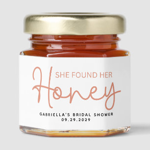 She Found Her Honey Modern Peach White Script Honey Jar Favors