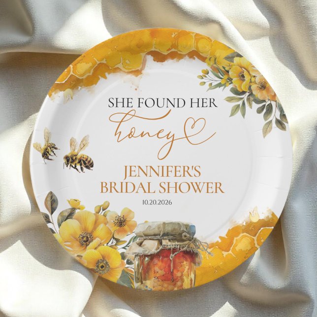 She Found Her Honey | Watercolor Bridal Shower Paper Plates (Creator Uploaded)