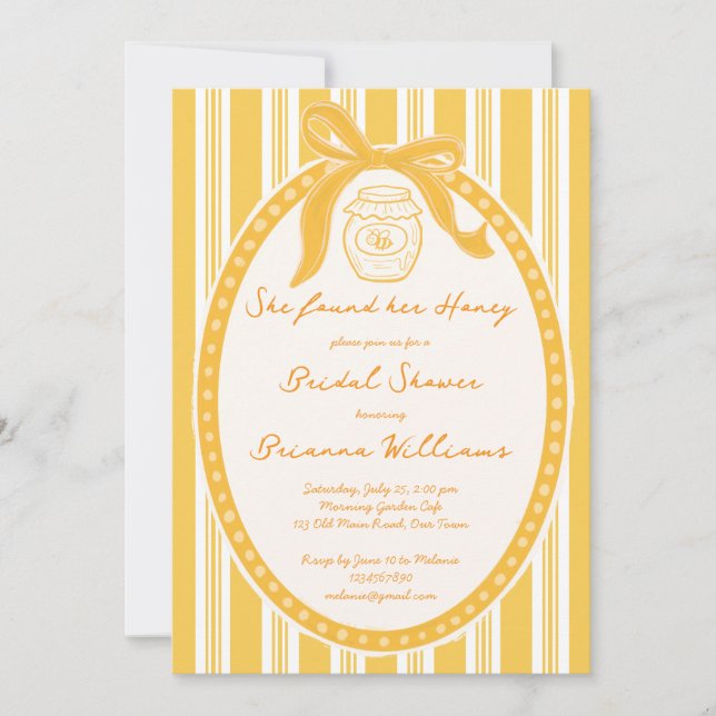 She found her honey yellow stripes bridal shower invitation (Front)