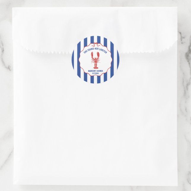 She Found Her Lobster Nautical Bridal Shower Classic Round Sticker (Bag)
