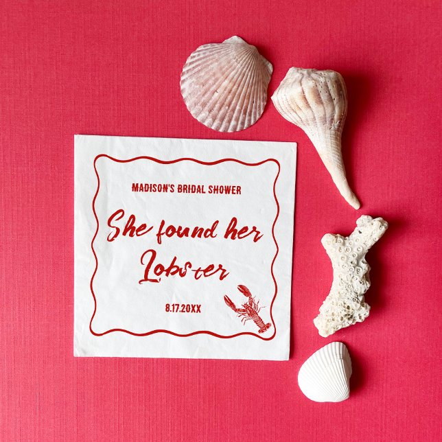 She Found Her Lobster Red and White Bridal Shower Napkins (Creator Uploaded)