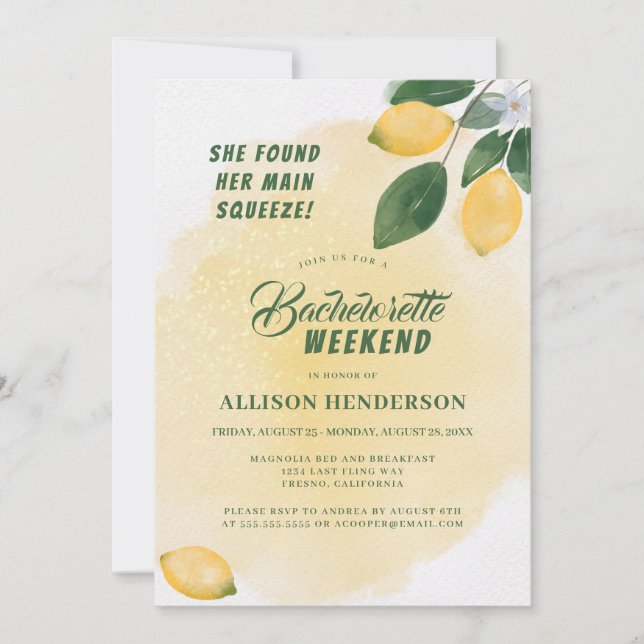 She Found Her Main Squeeze Bachelorette Weekend Invitation (Front)