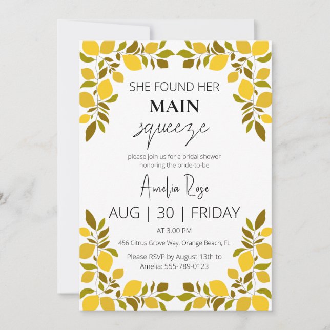 she found her main squeeze bridal shower invitation (Front)