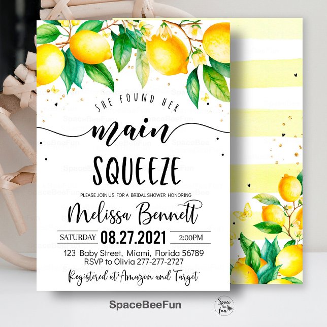 She Found Her Main Squeeze Bridal Shower Invites (main squeeze bridal,bridal shower,bridal shower brunch,bridal invitation,lemonade bridal,she found h)