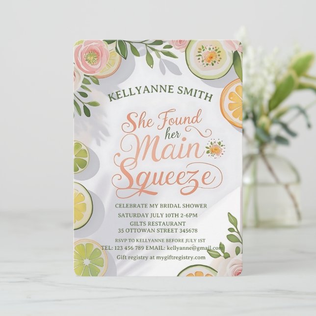 She Found Her Main Squeeze Citrus Bridal Shower Invitation (Standing Front)