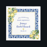 She Found Her Main Squeeze Lemon Bridal Brunch Napkins<br><div class="desc">Designed to coordinate with the Jenny's Lemon Collection, this bridal shower brunch napkin features yellow lemon bouquets decorating a square blue tile and gold frame. She Found Her Main Squeeze begins the bridal shower text. The bride's name and bridal shower follows written in a modern and trendy script font. The...</div>