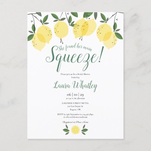 She Found Her Main Squeeze Lemon Bridal Shower Announcement Postcard - Featuring lemons greenery, this stylish botanical bridal shower invitation can be personalised with your special event information.  Designed by Thisisnotme©