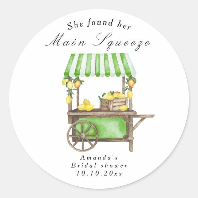 She Found Her Main Squeeze Lemon Bridal Shower Classic Round Sticker (Front)