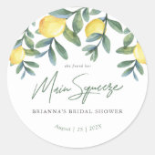 She Found Her Main Squeeze Lemon Bridal Shower Classic Round Sticker (Front)