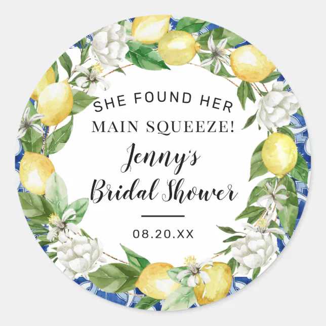 She Found Her Main Squeeze Lemon Bridal Shower Classic Round Sticker ...
