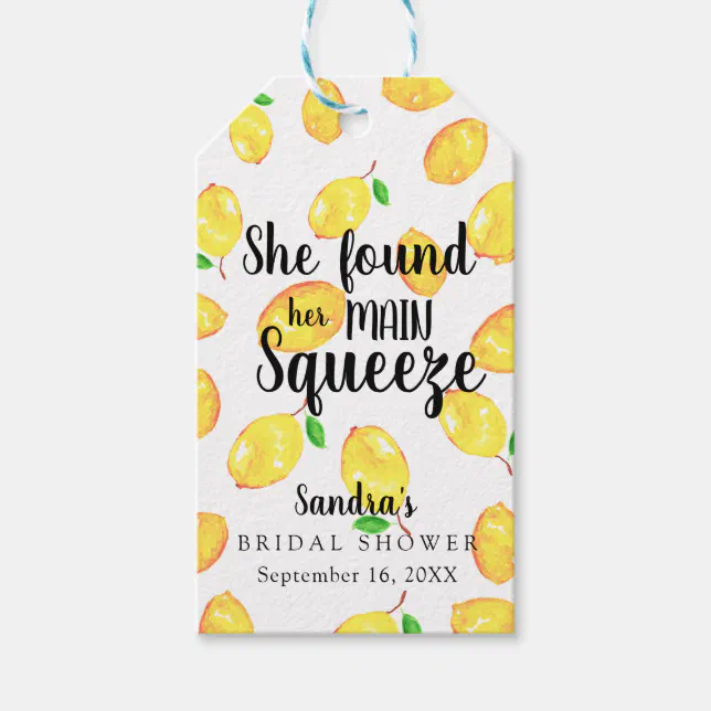 She Found Her Main Squeeze Lemon Bridal Shower Gift Tags | Zazzle