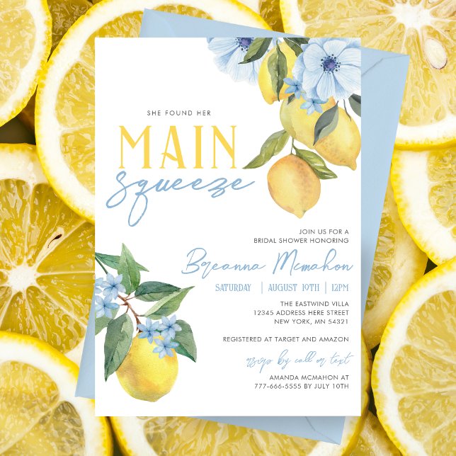 She Found Her Main Squeeze Lemon Bridal Shower Invitation (Stunning Watercolor Lemon She Found Her Main Squeeze Bridal Invites. Featuring Blue Floral Flowers)