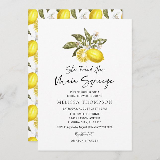 She Found Her Main Squeeze Lemon Bridal Shower Invitation (Front/Back)