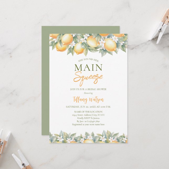 She Found Her Main Squeeze Lemon Bridal Shower Invitation (Front/Back In Situ)