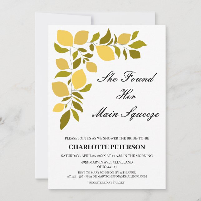 She Found Her Main Squeeze Lemon Bridal Shower Invitation (Front)