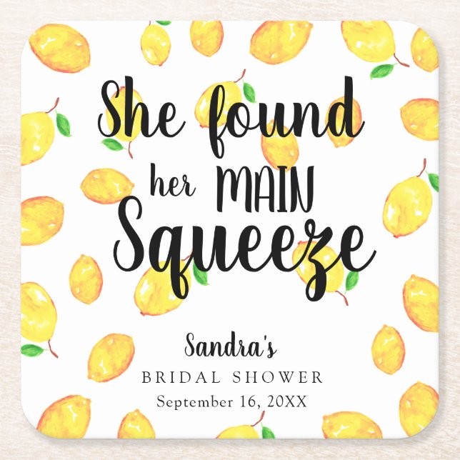 She Found Her Main Squeeze Lemon Bridal Shower Nap Square Paper Coaster (Front)