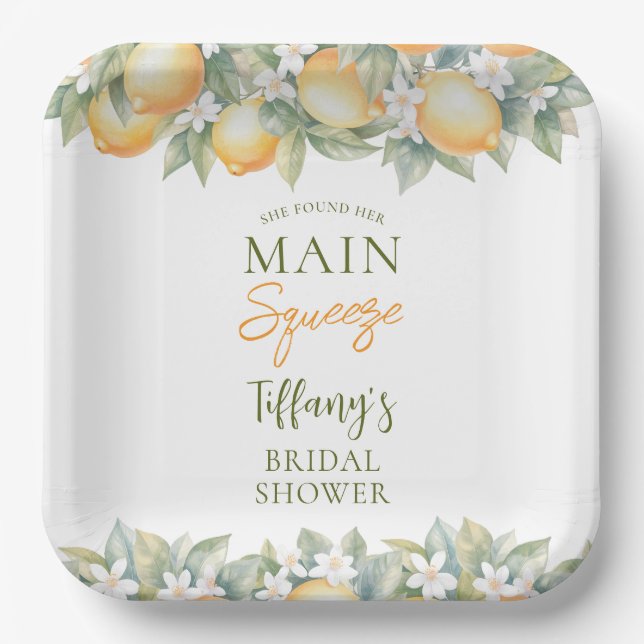 She Found Her Main Squeeze Lemon Bridal Shower Paper Plates (Front)