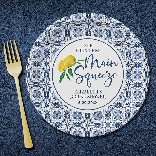 She Found Her Main Squeeze Lemon Bridal Shower Paper Plates (An elegant lemon Mediterranean main squeeze bridal shower paper plate)