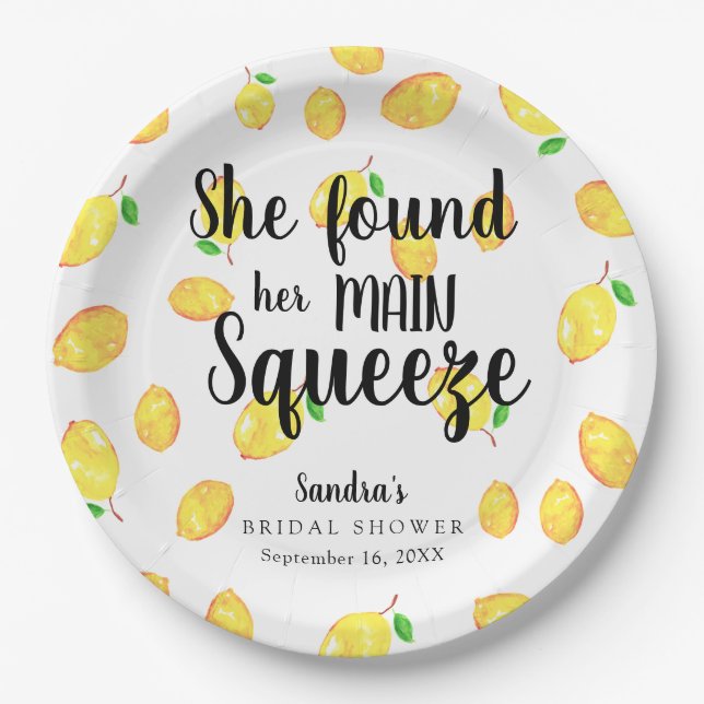 She Found Her Main Squeeze Lemon Bridal Shower Paper Plates (Front)