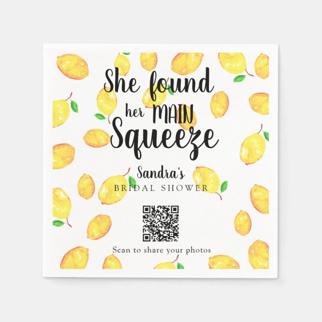 She Found Her Main Squeeze Lemon Bridal Shower QR  Napkins (Front)