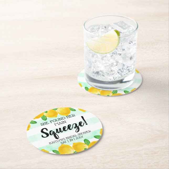 She Found Her Main Squeeze Lemon Bridal Shower Round Paper Coaster (Insitu)