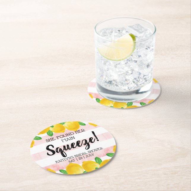 She Found Her Main Squeeze Lemon Bridal Shower Round Paper Coaster (Insitu)