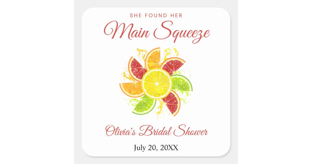 She Found Her Main Squeeze Lemon Bridal Shower Square Sticker | Zazzle