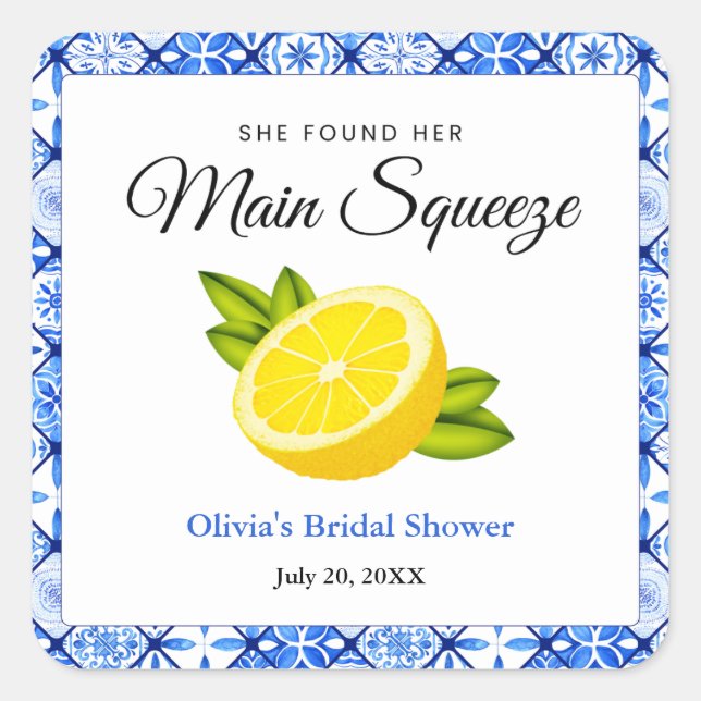 She Found Her Main Squeeze Lemon Bridal Shower Square Sticker (Front)