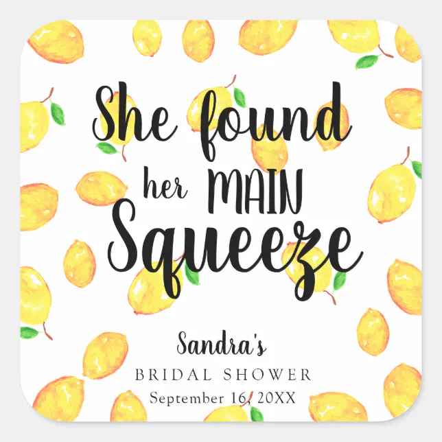 She Found Her Main Squeeze Lemon Bridal Shower Square Sticker | Zazzle