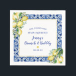 She Found Her Main Squeeze Lemon Brunch Bubbly Napkins<br><div class="desc">Designed to coordinate with the Jenny's Lemon Collection, this bridal brunch and bubbly napkin features yellow lemon bouquets decorating a square blue tile and gold frame. She Found Her Main Squeeze begins the bridal shower text. The bride's name and brunch and bubbly follows written in a modern and trendy script...</div>