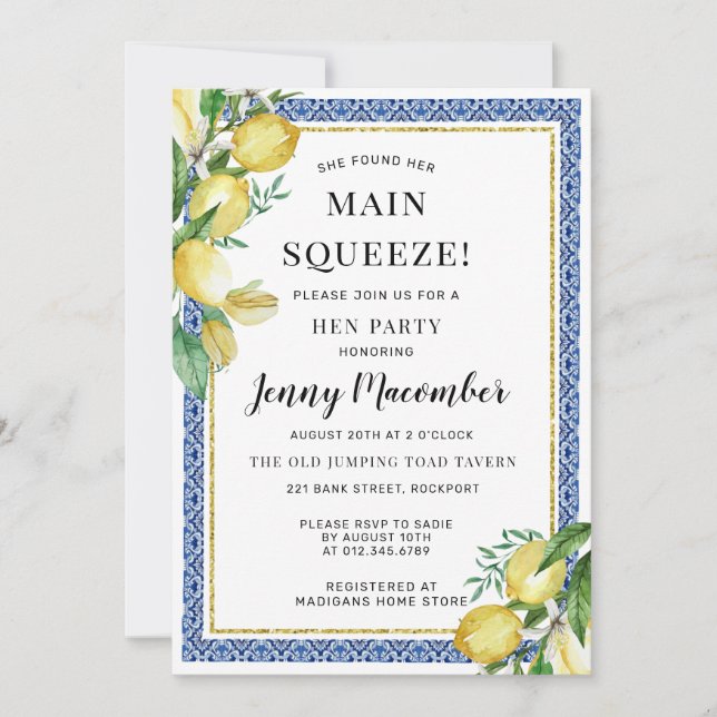 She Found Her Main Squeeze Lemon Hen Party Invitation (Front)