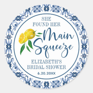 She Found Her Main Squeeze Lemon Italian Blue Tile Classic Round Sticker