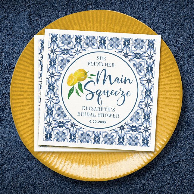 She Found Her Main Squeeze Lemon Italian Blue Tile Napkins (Elegant lemon "main Squeeze Bridal Shower napkins.)