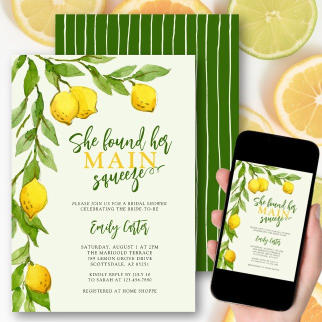 She Found Her Main Squeeze Lemon Watercolor Summer Invitation (Perfect for citrus-themed bridal showers, garden brunches, or elegant summer celebrations.)
